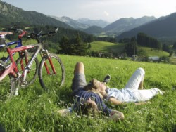 Summer vacation in Bavaria - mountain biker on a mountain meadow